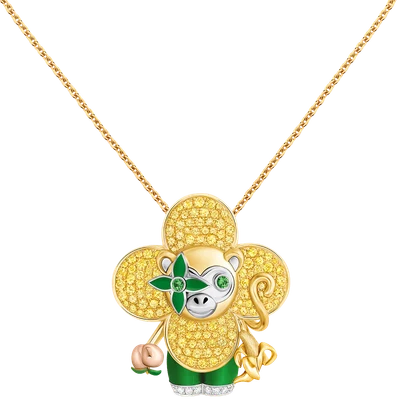 Vivienne Monkey Pendant, 3 Golds, Lacquer, Diamonds & Colored Gemstones