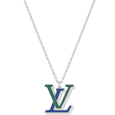 LV Large Pendant, White Gold, Diamonds, Blue Agate and Green Agate