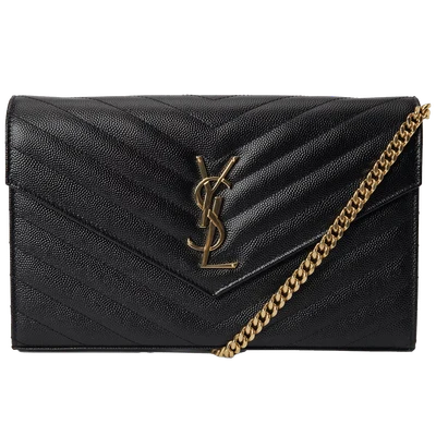 Saint Laurent Monogram Chain Wallet Matelasse Grain de Poudre Gold-tone Black