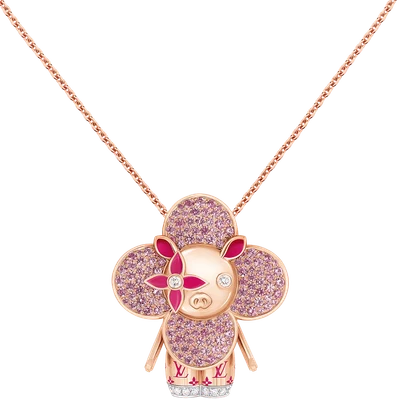 Vivienne Pig Pendant, Pink Gold, Lacquer, Diamonds & Colored Gemstones