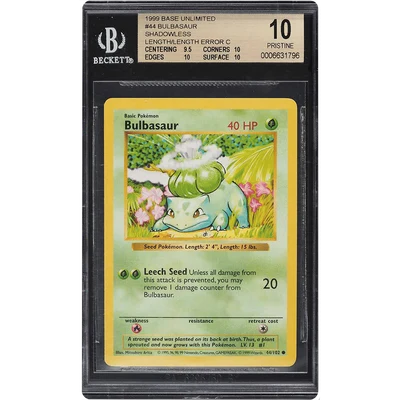 1999 Pokemon Base Set Shadowless Bulbasaur #44 BGS 10 PRISTINE