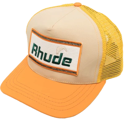 RHUDE logo-patch trucker hat