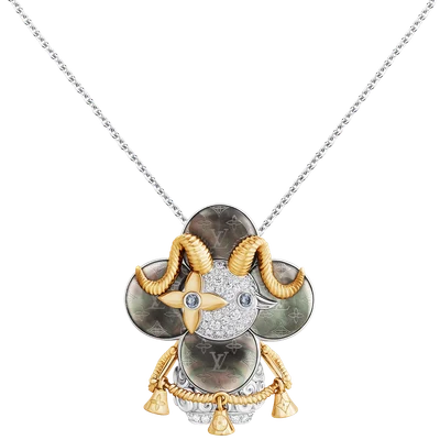 Vivienne Sheep Pendant, Yellow Gold, White Gold, Grey Mother-Of-Pearl, Diamonds & Colored Gemstones