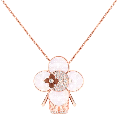 Vivienne Monogram Pendant, Pink Gold, Mother-Of-Pearl, Wood & Diamonds