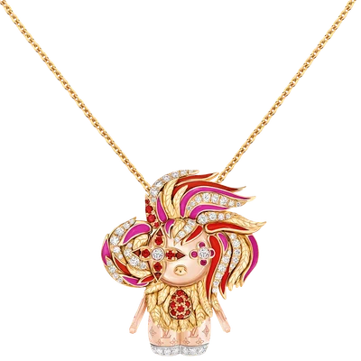 Vivienne Rooster Pendant, 3 Golds, Lacquer, Diamonds & Colored Gemstones