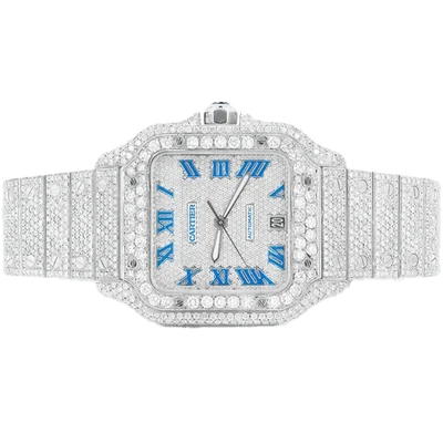 Cartier Santos De Cartier Steel 40MM - 20.50ctw Fully Iced Out - Custom Blue Enamel Pave Dial