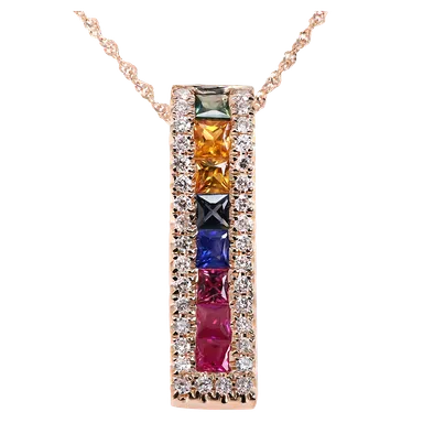 Ladies Diamond Necklace with Rainbow Multi-Colored Sapphires 0.85 Carats