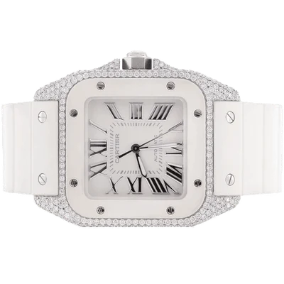 Cartier Santos De Cartier 100 Steel White Rubber Strap 35MM 6.33ctw