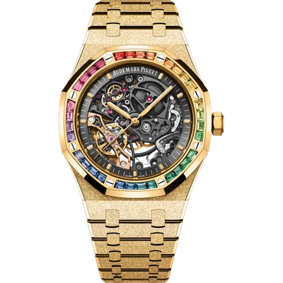 Audemars Piguet Royal Oak Yellow Gold Openworked Skeleton with Rainbow Bezel 41mm