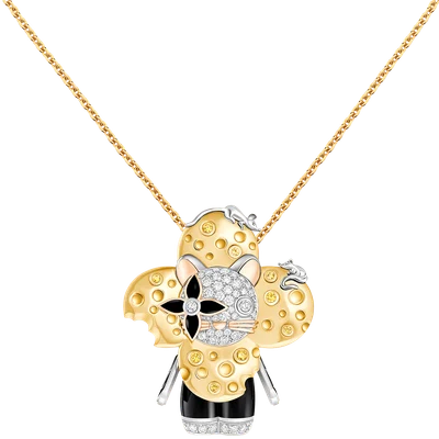 Vivienne Rat Pendant, 3 Golds, Lacquer, Diamonds & Colored Gemstones