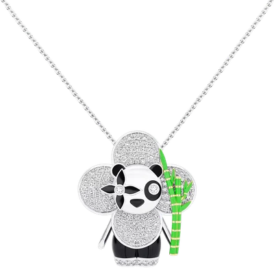 Vivienne Panda Pendant, White Gold, Yellow Gold, Onyx, Lacquer & Diamonds